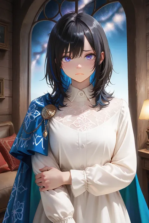 masterpiece, best quality, detailed eyes, semi realistic, 8k, girl, cute, purple eye, milky way pattern shoulder cape, glum, medieval white dress shirts, medium hair, disappointed face, half dye!, split hair dye!, multicolored hair (blue hair:black hair: 1...