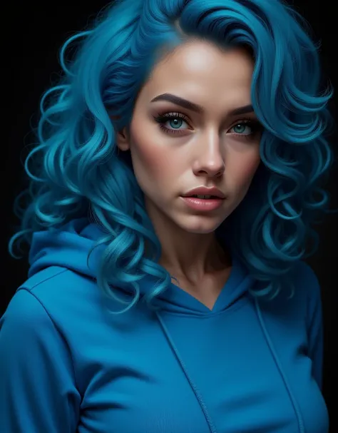 High resolution, ray tracing, 8k, Create a very pretty girl, close-up of her face,beautiful model, shot in foreshortening,girl with very long curly blue hair that falls over her huge tits, bangs, layered hair,very detailed and expressive blue eyes. Thick a...