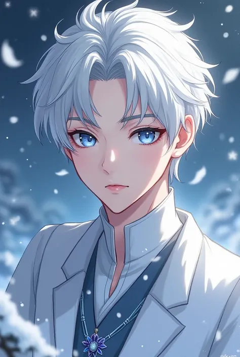  Create an image of a winter god who is NAM, Bicolor eyes , right eye silver gray ,  left eye navy blue , Platinum hair, young handsome , phương Tây, Photo 9 : 16 and be with Korean manhwa strokes 