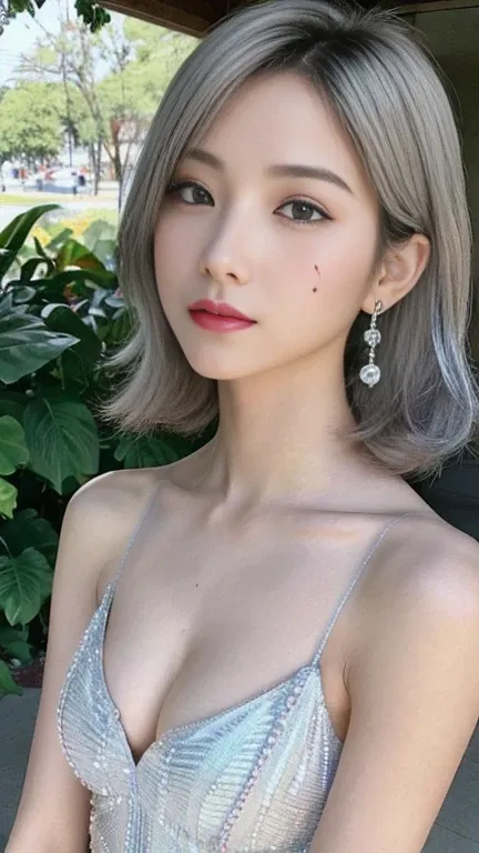  anime style women , thin, thin,  whole body ,   full of tattoos  ,  Lots of earrings , Beautiful, shiny hair, Rainbow eyes, Slanted eyes ,  Curly Silver Hair , Kind and ching, shoulderを露出させる,  Delicate and sexy collarbone ,  attractive oval face , Double ...