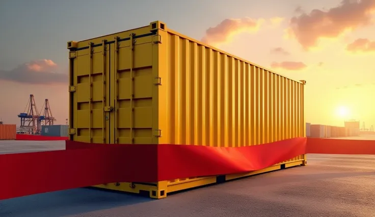 a realistic shot of a new yellow cargo container positioned in a cargo port background with big ribbon of Egypt flag wrapping flying around the container  , during sunset, with bright colors and shadows creating a dramatic, inviting atmosphere, big sky bac...