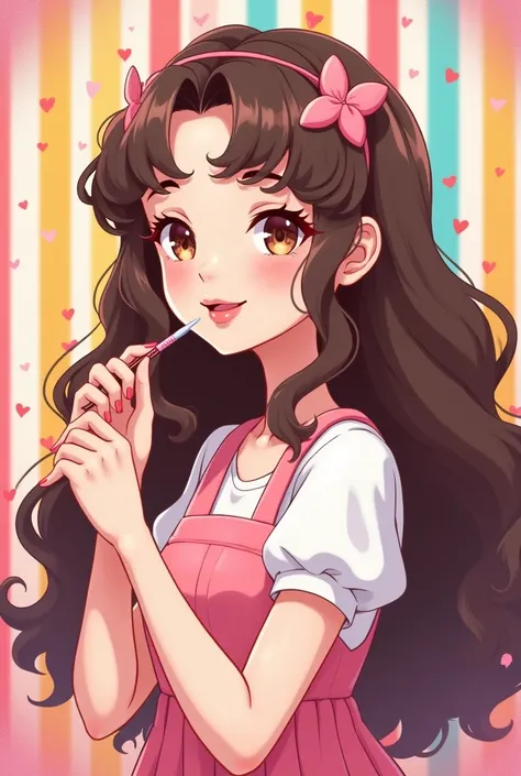 Cartoon Stripes Cute Beautiful Girl Bright  White-Pink Skin Long Curly Brown Hair Dressed Cute Posing Applying Lip Tint