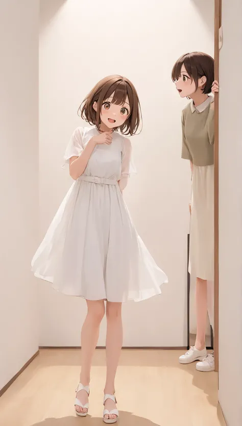 20-year-old woman、I'm watching a gentle smile with brown hair and a long bob 、 A very surprised figure、 is cute 。 white dress 、whole body