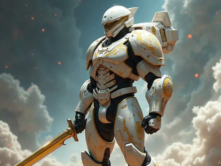  Draw me a space marine in white and gold marbled armor. The style is futuristic .  He wears a jet pack on his back with mechanical wings . He hold a futuristic katana in his right hand.