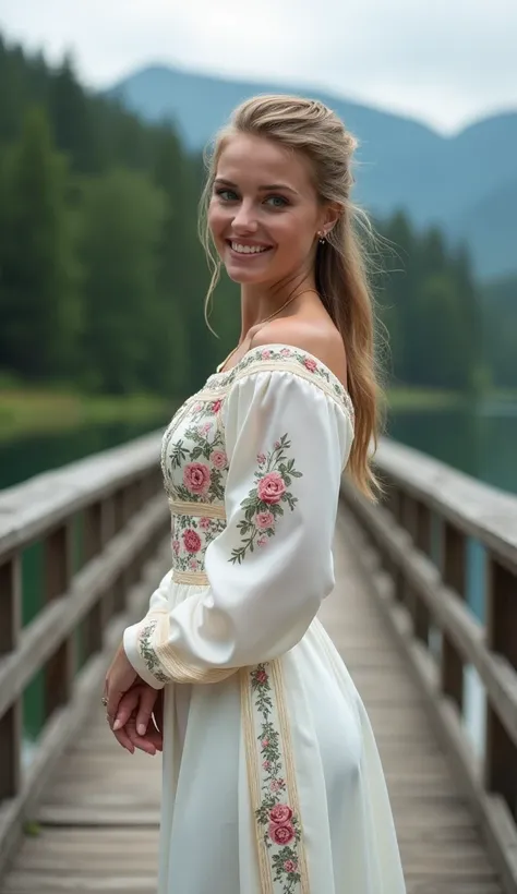 A beautiful Russian woman in a traditional Russian white silk dress with floral patterns, standing on a wooden bridge over a river, with the full view of the surrounding forest and distant mountains in focus and distant mountains in focus,detailed blue eye...