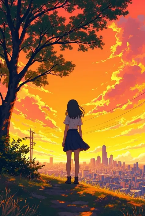 An anime scene of a young girl waiting on a hilltop, as she looks out over a distant city under the warm glow of the setting sun. The sky is filled with vibrant oranges and yellows, and the shadows from nearby trees create a comforting shade over her figur...