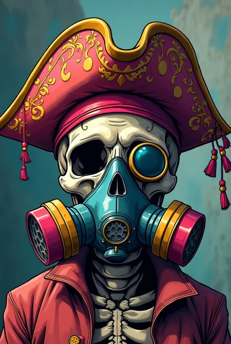 Drawing of a skull wearing a gas mask with a cartoon-style pirate hat