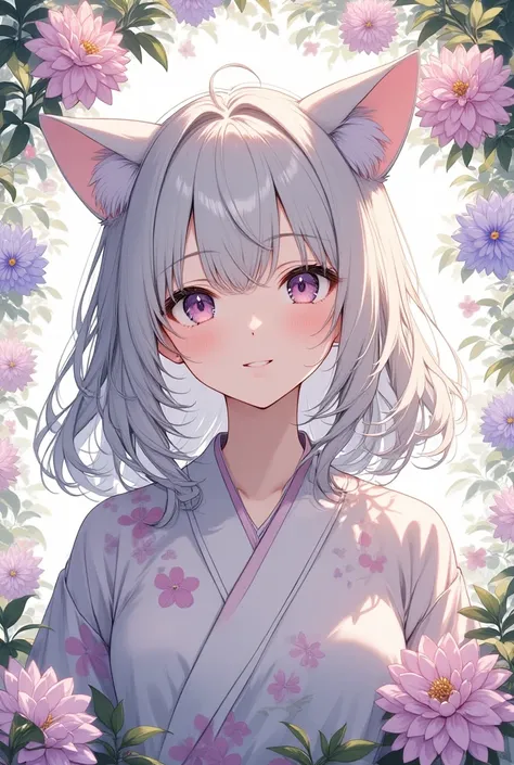   The pale lines and gentle colors are like dreams,  fleeting impression .., one woman、Dahlia background 、 Gorgeous Kimono、 beautiful girl with cat ears 、Beautiful work, pink eyes,