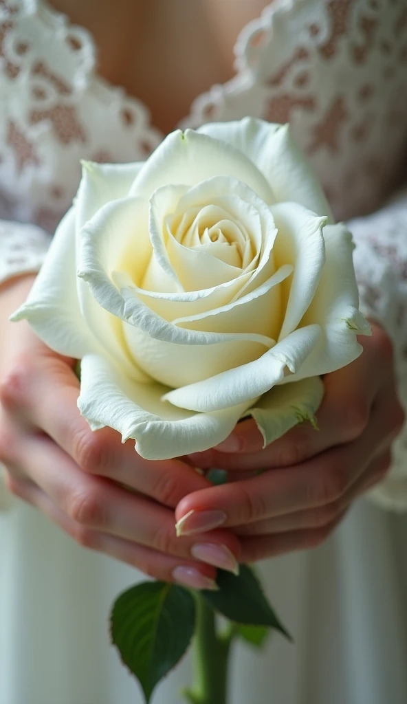  A close up of a woman's hands holding a vibrant white rose ,  detailed view of delicate white lace sleeves just covering the forearms, young adult woman,  fair skin ,  hands gently cradling a white rose with drops of water ,  soft lighting , Soft Focus,  ...