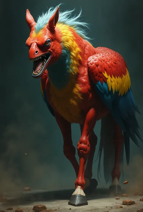 Write a text to image prompt to create a hybrid of Parrot  and horse angry picture 