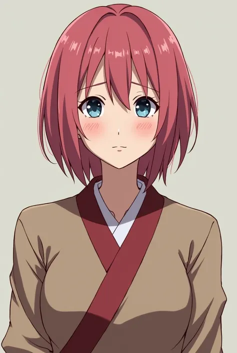  Make sakura of (Naruto)  too much shy and showing her breast and make the breast too much big make her also nacked and too much shyness in short hair in middle age 