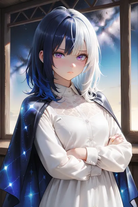 masterpiece, best quality, detailed eyes, semi realistic, 8k, girl, cute, purple eye, milky way pattern shoulder cape, glum, medieval white dress shirts, medium hair, disappointed face, two color hair, dyed hair, half dye!, hair streak dye!, multicolored h...