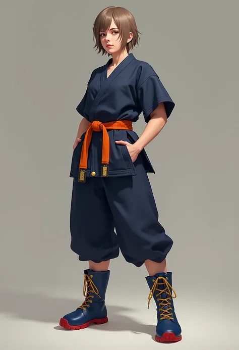 this character is a martial artist with an elegant yet practical appearance. They wear a dark blue gi with a modern twist, featuring a high collar and gold buttons as accents on the chest. The outfit combines short sleeves, typical of martial arts attire, ...