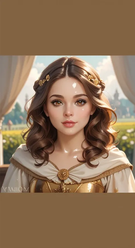 a beautiful woman,  brown eyes ,  brown hair,  white and gold clothing ,  medieval, Symbaroum style, comics art style, semi-realism, oil paint