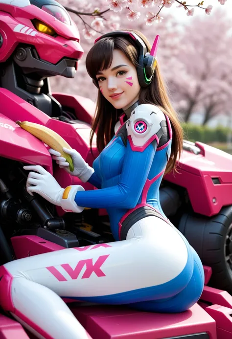 1girl, solo, breasts, d.va_(overwatch), banana, food, whisker_markings, brown_hair, long_hair, facial_mark, fruit, mecha, brown_eyes, looking_at_viewer, headphones, robot, large_breasts, cherry_blossoms, lips, uncensored, meka_(overwatch), white_gloves, le...