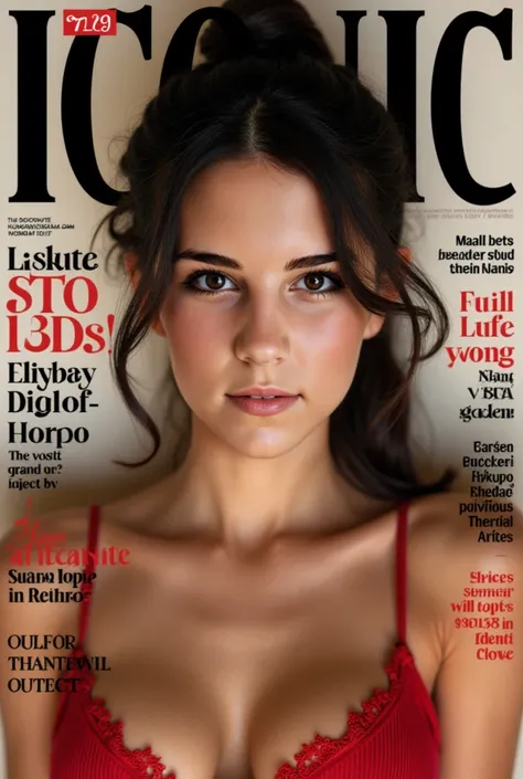 A magazine cover titled ICONIC, featuring "A young woman with a symmetrical face and soft features, wearing her dark brown hair parted down the middle and tied back. She has slightly oval-shaped bright eyes, framed by straight eyebrows. full well-proportio...