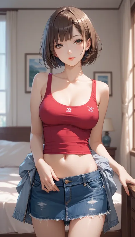 わきDownを見せない, Down,  no background,  becomes transparent when you stare at it {x}, PE, front view, cowboy shot,  perfect and beautiful face, Beautiful breasts, Thin legs, slim, brown short bob hair, 10years old, Tank top,  denim mini skirt ,