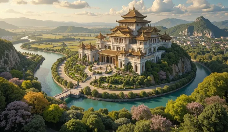 A majestic and prosperous kingdom with lush green landscapes, a grand palace surrounded by clear rivers and golden sunlight filtering through the trees.