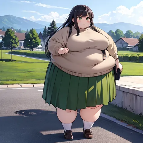 masterpiece,  best quality, Advanced Details ,  girl ,  high school students, Wear a uniform,  light yellow sweater ,  green skirt ,  long skirt,  full body,  long hair, town background,  standing, anime, Slightly obese