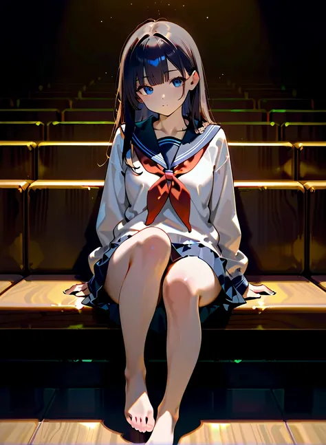  High Resolution , 最佳quality, detail, 高detail, quality,  High Quality ,  very detailed,  1 girl,  looking at the audience ,  blue eyes, Bangs,  Dark Hair, Sit with your feet 