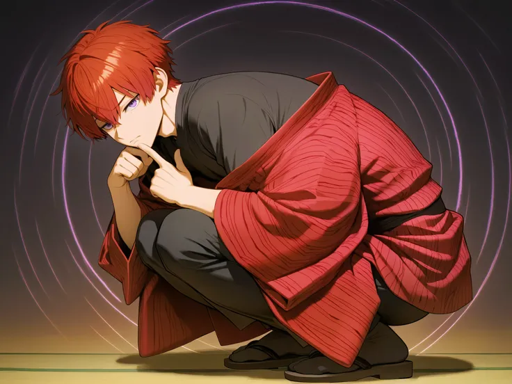 (Rulax: (solo, Man:1.2),red hair,  purple eyes, red yukata, black shirt, oversized black pants),   under-eye circles, squat, tired face, one finger in the chin, (Highly detailed, Absurdres, Anatomically correct, Best quality), full-body