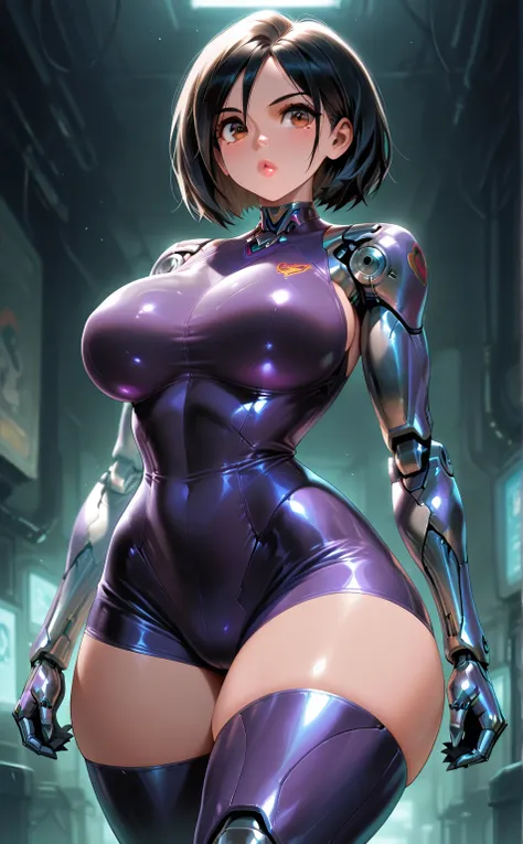 NSFW ,1 girl ,solo ,cute girl , short black hair , big lips ,brown eyes, large breasts , huge thighs , alita , cyborg, small waist , purple latex suit, sleeveless suit, latex shorts, HD, robot joints , robot , big hips, mechanical hips , robot joints, port...