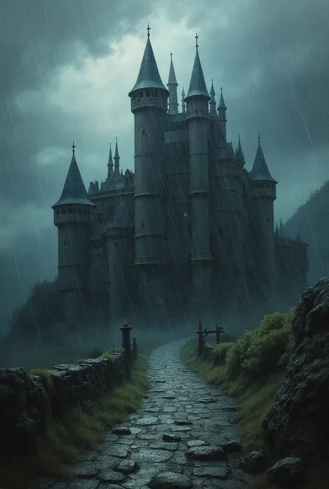   painting  dark   rain on  castle