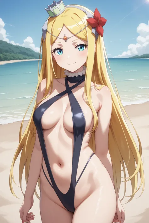 masterpiece,best quality,{{detailed beautiful face and eyes}}, very detailed background,
Renner Theiere Chardelon Ryle Vaiself,{{{megami magazine}}},long hair,blonde hair,parted bangs,hair ornament,blue eyes,medium breasts,
((black swimsuit high leg swimsu...