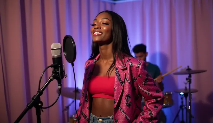 A singer performing in a studio setting, wearing a vibrant pink and black patterned jacket and a red crop top. The scene features a high-quality microphone on a stand in the foreground, drums in the background, and soft curtains with a slight purple tint t...