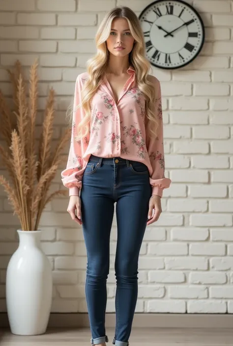 A slender young woman with long light-yellow hair, neatly arranged in light curls, wears a flared blouse of delicate pink color with a floral pattern, which gives her image lightness and femininity. The blouse with long sleeves and a small collar emphasize...