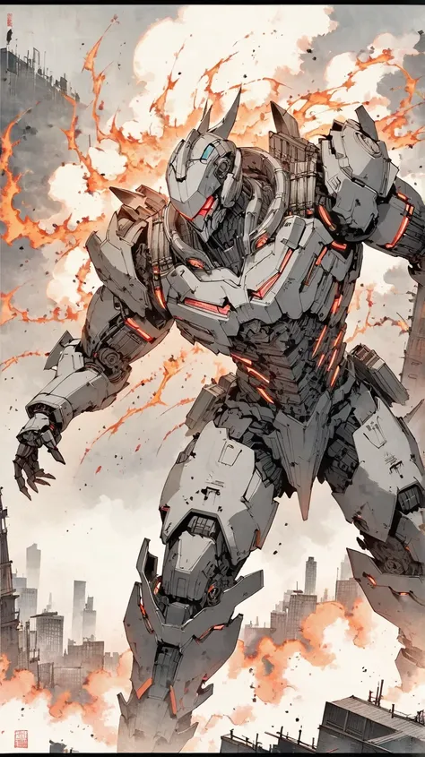 A mechanical Colossus, drawn in ink with sleek anime-style lines, emerges from a burning cityscape. Its enormous metallic frame is detailed with glowing red circuits, and its sharp, angular limbs exude menace. A team of anime-style pilots in futuristic sui...