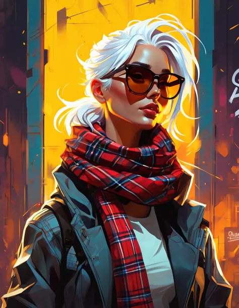 (dark shot:1.1), epic realistic, portrait of halo, sunglasses, blue eyes, tartan scarf, white hair by atey ghailan, by greg rutkowski, by greg tocchini, by james gilleard, by joe fenton, by kaethe butcher, gradient yellow, black, brown and magenta color sc...