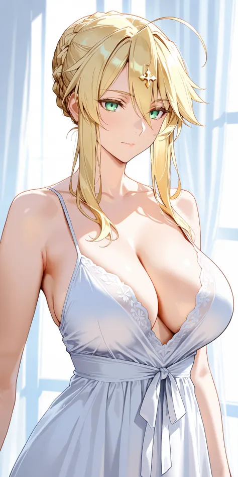 Masterpiece, mature woman, artoria pendragon (Lancer) (fate), tall, slim, upper body, white camisole, medium breast, graceful, elegant, wise type, ultra detailed, highres, absurdres, white curtain flowing, white room background