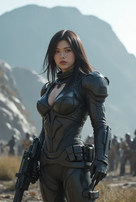 8k, UHD, Realistic, full body, Beautiful, captivating, female super soldier from 20 and Back project, facial mixed of Kim Ji-won, deep cleavage, depending the Kuiper Belt from Draconian, heavily armed, heavily armored, displaying her advanced weapons, base...