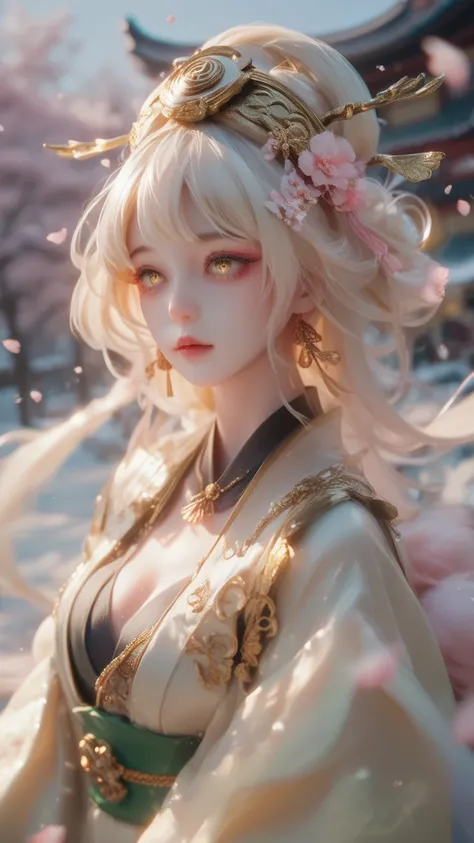 winter，Under the cherry blossom tree，An ancient woman，Delicate little face egg ， bright eyes ，Bangs, preauricular hair, 嘴唇微張, headgear， wears a pale yellow silk flowing fairy dress，