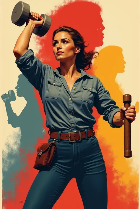 propaganda poster, in the foreground, a woman with a hammer , behind her is the outline of the same woman but in different colorsb