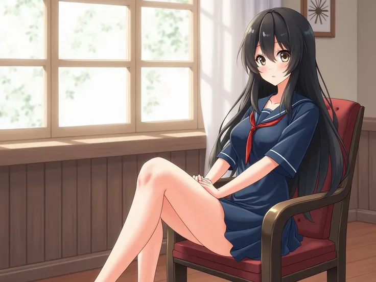 panties,thick nipples,full body, wavy hair,Japanese woman with long black hair  , Feminine plump and busty body ,アニメガール in a short skirt and blouse posing for a picture, The cute anime Waifu is wearing a navy blue sailor suit，Western-style room, sitting on...