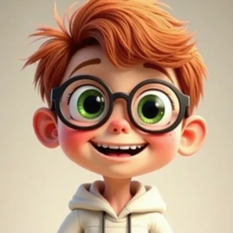 A stylized, cartoonish depiction of a young boy with exaggerated large round glasses, big expressive green eyes, red hair, and a cheerful smile. The boy has rosy cheeks and is wearing a simple white hoodie. The background is minimal and neutral, focusing a...