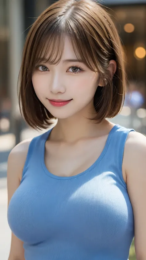  Shopping Street : (((((tight bright bright blue sleeveless shirt))))),(( denim shorts )),  best quality , shape, 非常に Details,  Details,  high resolution, 8k wallpaper,   perfect dynamic composition  , beautiful details,   Natural Lips, Tight Sleeveless T ...