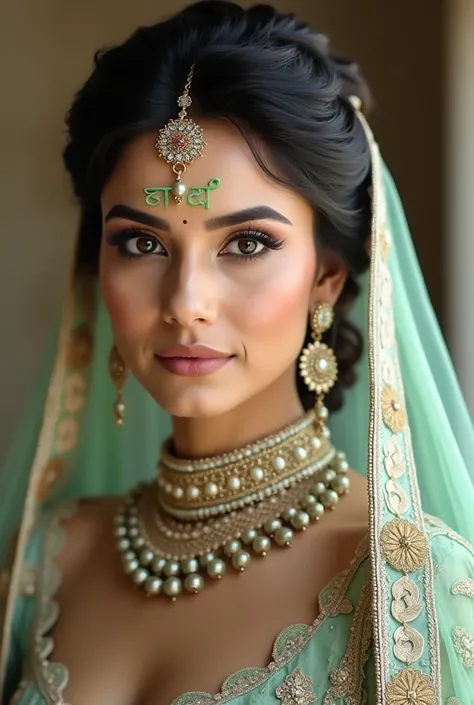 "A stunning Indian woman with a regal appearance, wearing a traditional bridal outfit. Her attire includes a light pastel-colored lehenga or saree with intricate embroidery. She is adorned with heavy, detailed jewelry, including a necklace, earrings, maang...