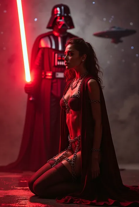 Star Wars theme. Amidala as Natalie Portman in chains. Dressed as a sex slave for Dart Vader. In the backround is a spaceship and the stars. The only light source is the ligth of the red light saber from Dart Vader in the backround. Amidala, Natalie Portma...