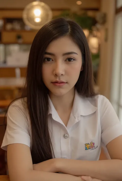 a beautiful young thai woman, 22 years old, sitting in a cafe, wearing a nisit thailand uniform, full body shot, detailed facial features, realistic, photorealistic, 8k, masterpiece, professional, cinematic lighting, warm color tones, highly detailed