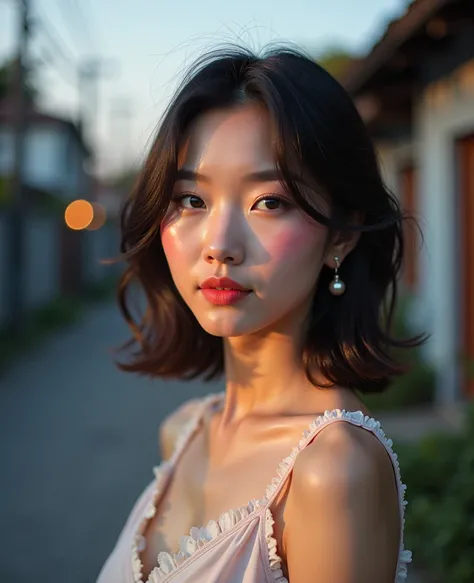 Asian girl with round face, ผมดำ, ผมยาวเป็นพิเศษ 2 เมตร, ผมสยาย, ผมปลิวขึ้นตามแรงลม, ผมกระจาย, ผมยาวไหลเป็นพิเศษยาว 2 เมตร,  Korean girl makeup , eyes are very detailed ,  large breasts,  38 inch chest, Red cheeks, Pink skin,  a sparkling portland skin,  g...