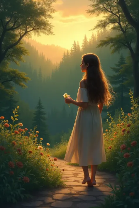 ۔
Zoya walking home at twilight, looking back at the forest with a dreamy smile, holding a small flower in her hand.