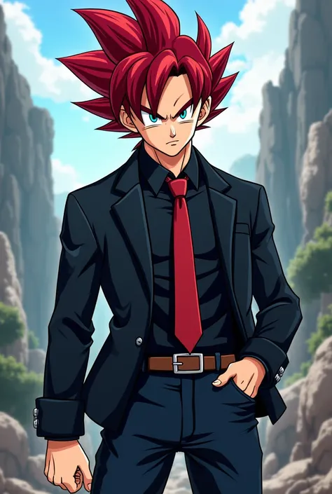 Goku with black jacket and black shirt and red hair and red tie and jeans and blue eyes dbs cartoon style 