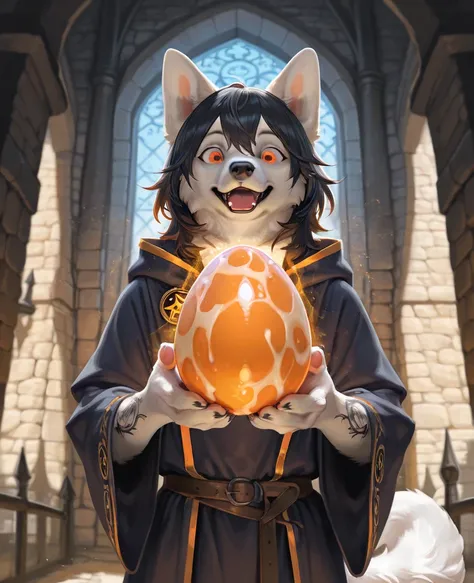 masterpiece, best quality, amazing quality, very aesthetic, high resolution, ultra-detailed, absurdres, newest, scenery, furry, anthro, (((male white dog))), solo, orange eyes, dog, black hair, tattoo, holding eggs, wizard outfit, medieval castle, magic, e...