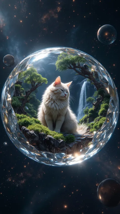 A beautiful crystal floating in space.There is a very cute fluffy mikeneko sitting in the crystal, and a miniature landscape with a waterfall flowing in the background inside the crystal.The outer space is decorated with vast galaxies, and countless stars ...