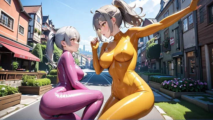  Ultra Fine( 2 girls fighting back),(最 high definition, 8k, masterpiece:1.3),  clear contours high definition(24 years old:1.5), ( gray hair ), (Up ponytail),, ((全身 rubber suit、 colorful、blue、Yellow line from crotch、no zipper 、 rubber suit、Gloss、 daytime、A...