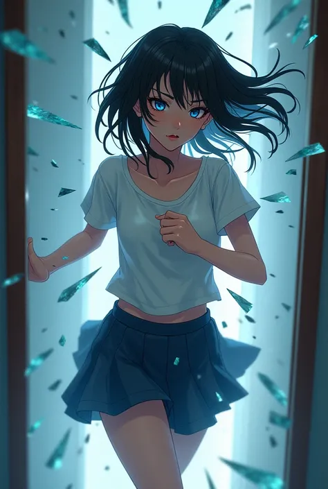 A girl with black hair running and breaking through a mirror. She wears a white t-shirt and a navy coloured skirt. She covers her fave with her arms as glass shards collide with her. She has an intense look on her face. A soft neon hue cast behind her. She...