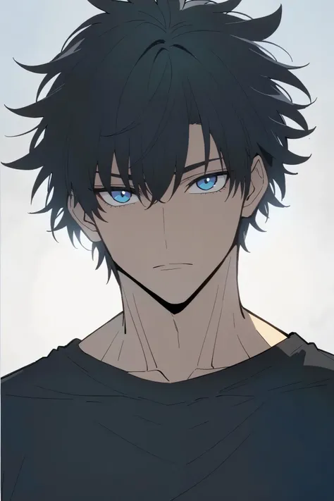 Handsome, solo, male, tall, toned, Gojo hair, black hair, blue eyes, black t-shirt, broad shoulders, looking at viewer, facing viewer, simple background, white background